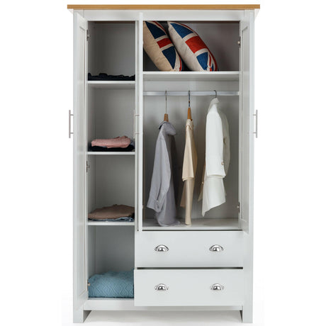 Interior view of a white 3-door wardrobe with oak top, shelves, hanging rail, and 2 drawers.