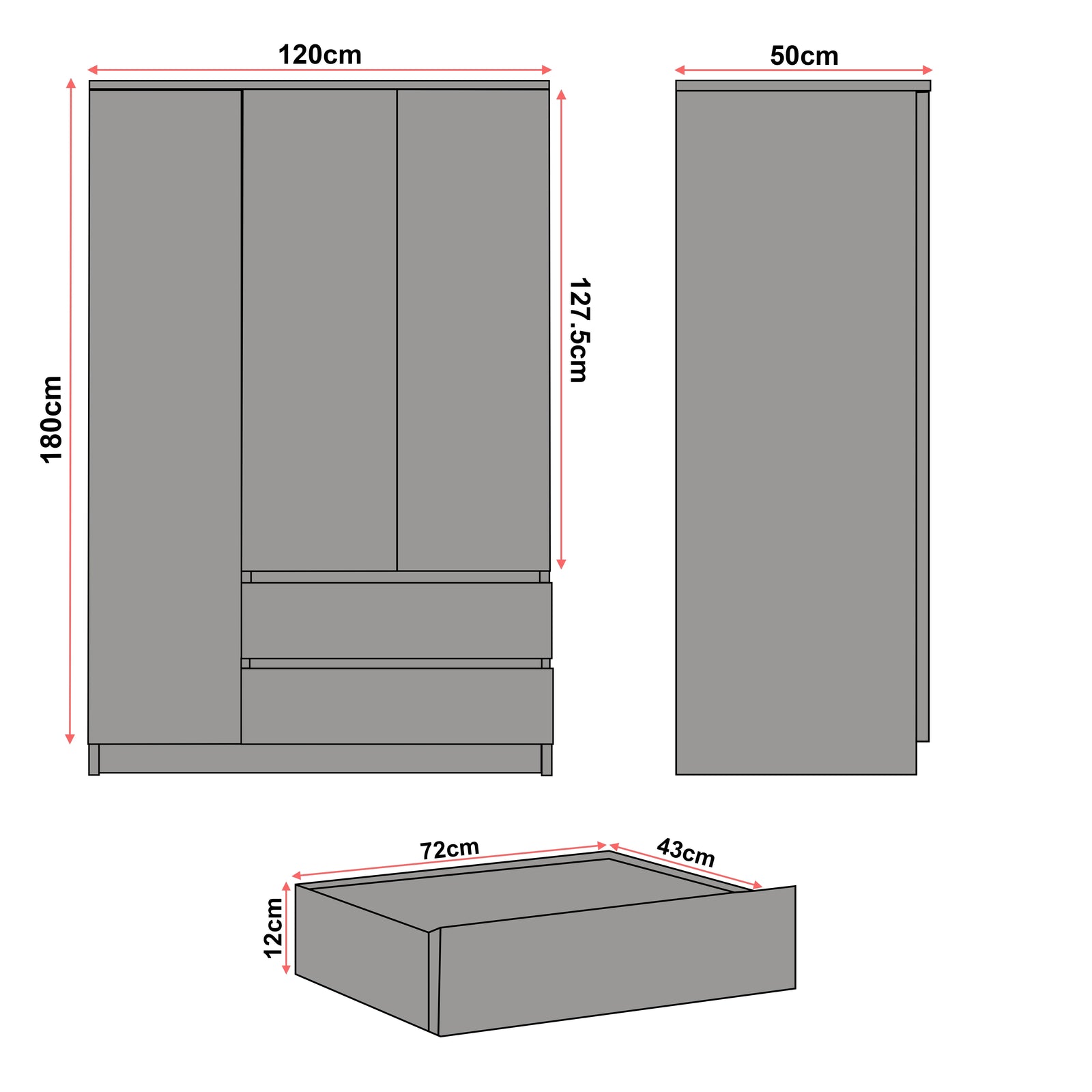 [White] 3 door wardrobe dimensions: 180cm height, 120cm width, 50cm depth, drawers 72cm x 43cm x 12cm deep