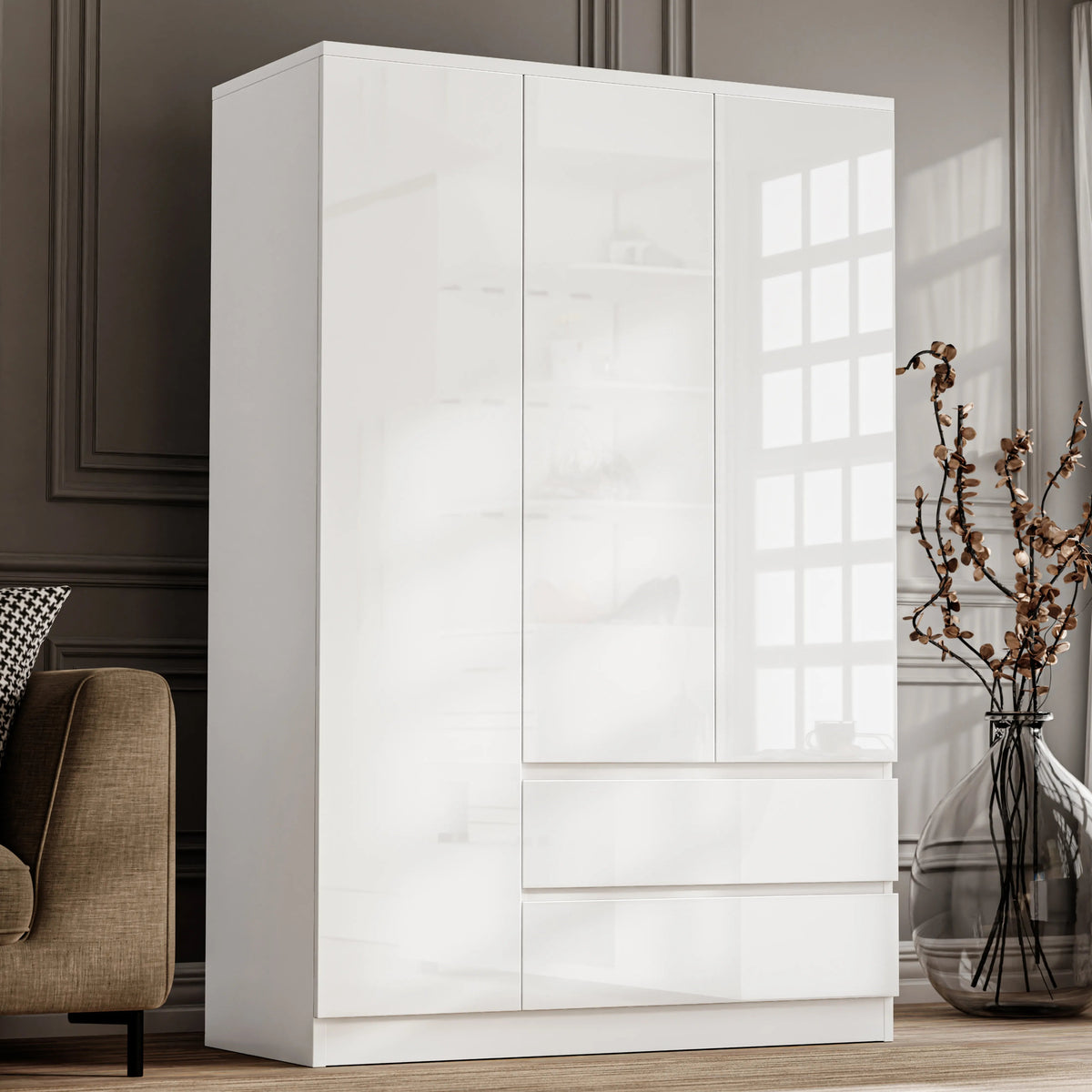 High Gloss 3 Door Wardrobe Drawers Shelves