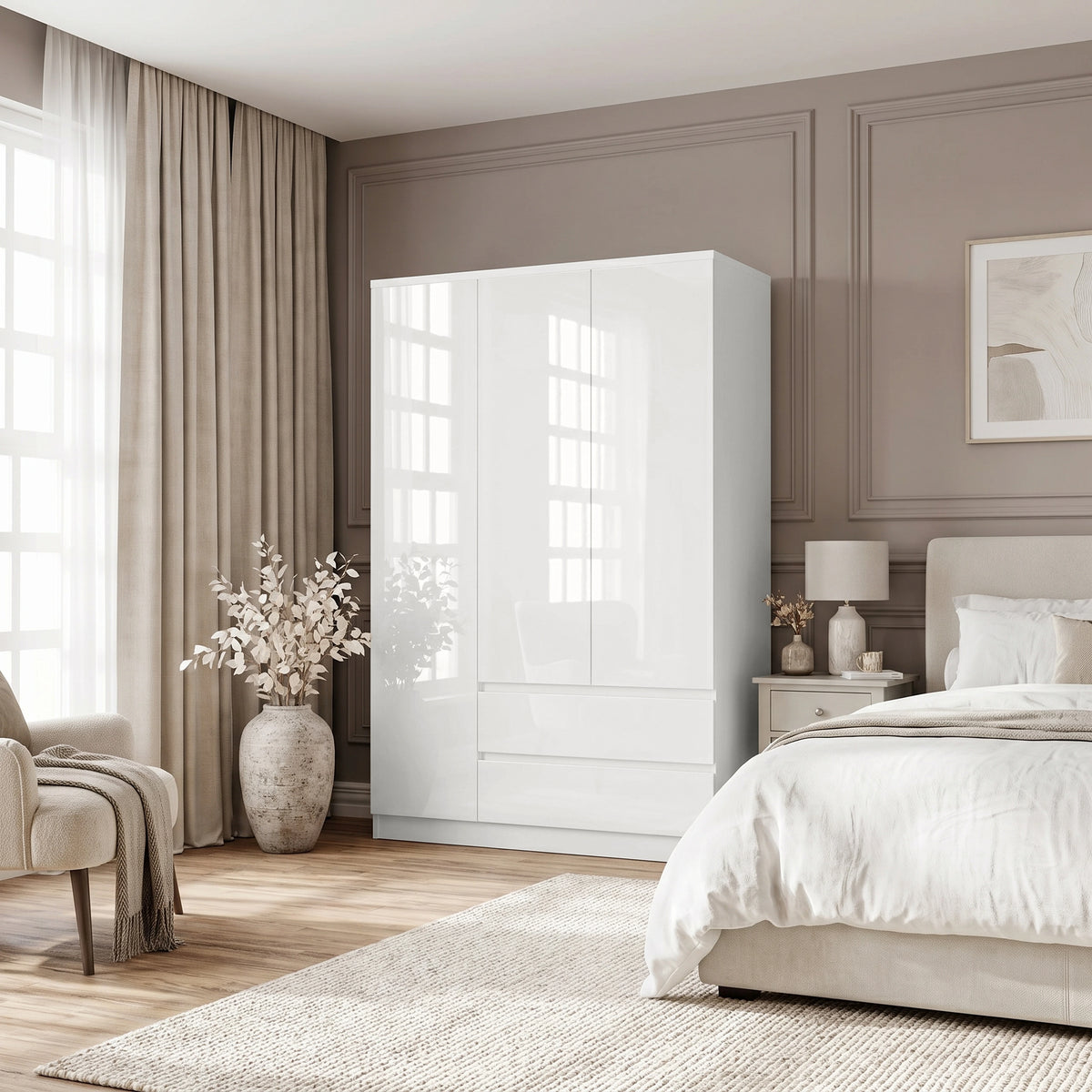 High Gloss 3 Door Wardrobe With Drawers And Shelves