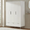 White three door wardrobe with lower drawers placed in room setting with soft neutral decor