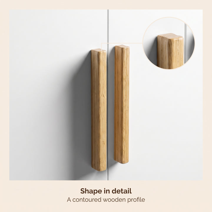 [White] Close-up of twin vertical wooden handles with rounded profile and inset shape detail on door