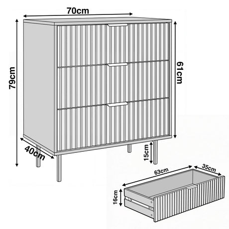 Dimension diagram of white 3 drawer chest showing overall height 79 cm, width 70 cm, depth 40 cm, and drawer sizes