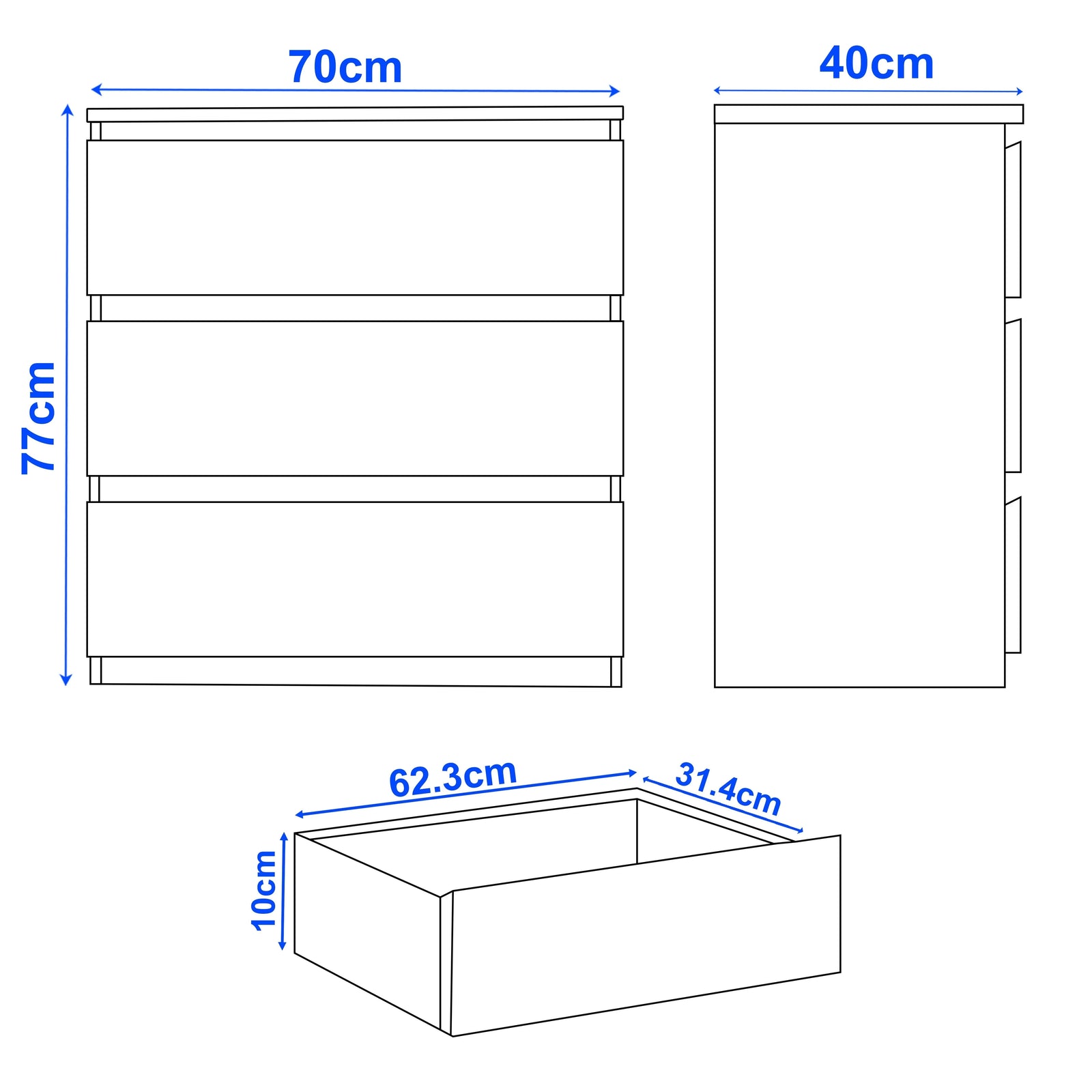 [White] 3 drawer chest of drawers dimensions: 70cm width 40cm depth 77cm height