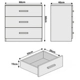 [White] Front view of white bedroom drawers' dimensions and details