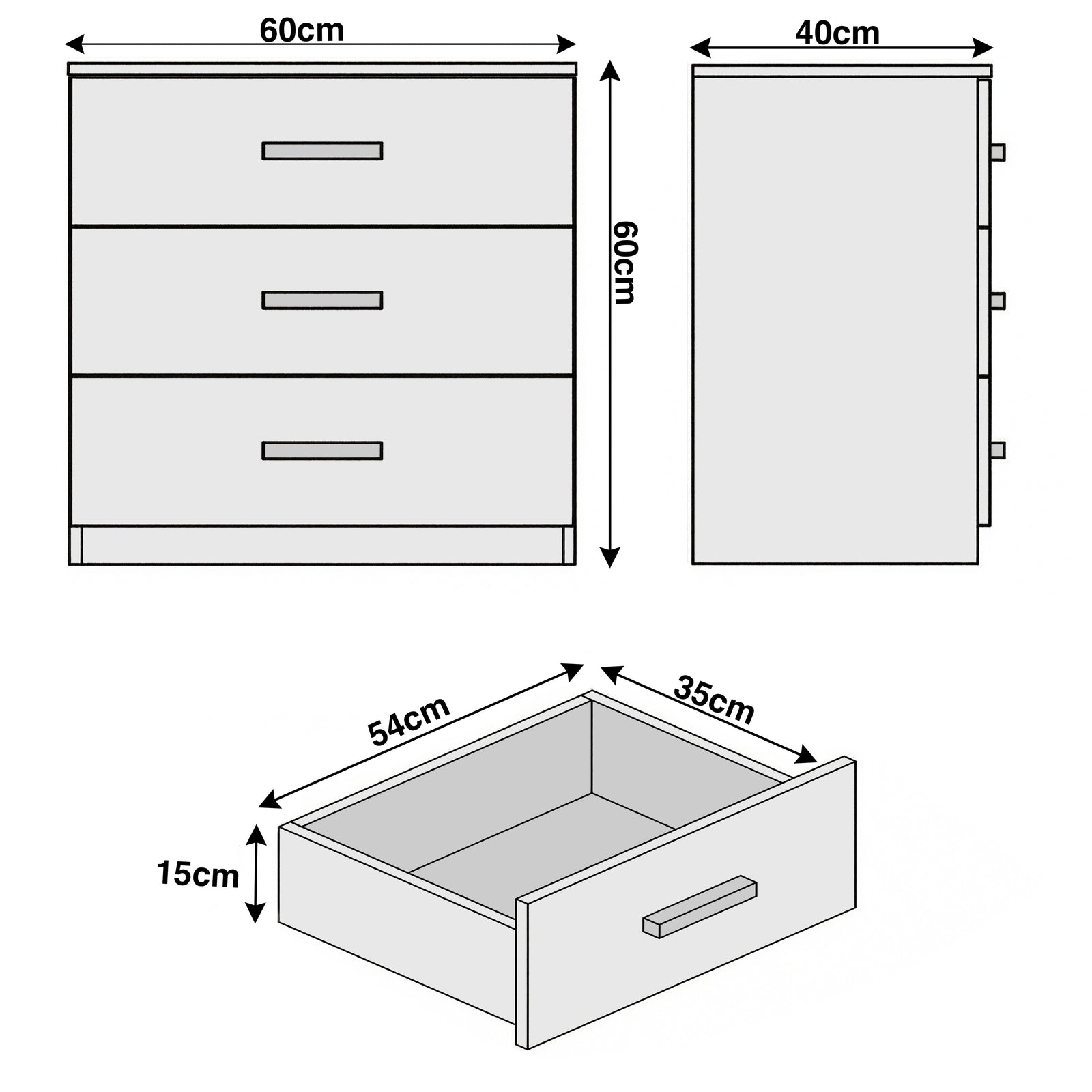 [White] Front view of white bedroom drawers' dimensions and details