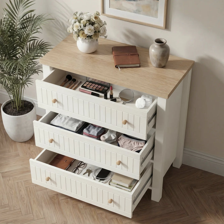 [White] Linra White Painted 3 Piece Bedroom Furniture Set - Oak Top high-angle view with three chest drawers pulled out.