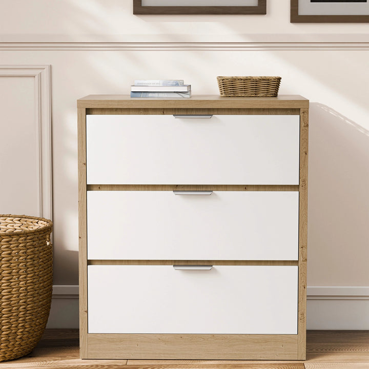 [Oak+White] Skova bedroom furniture set 3 drawer chest in oak with white fronts, books and basket on top