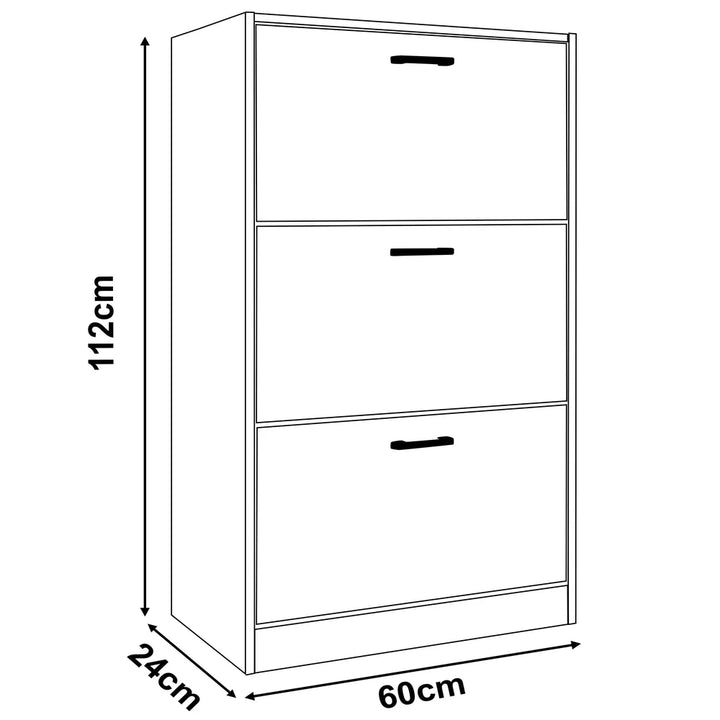 [White] White 3 Drawer Slim Shoe Storage Cabinet showing 112cm height, 60cm width, and 24cm depth.