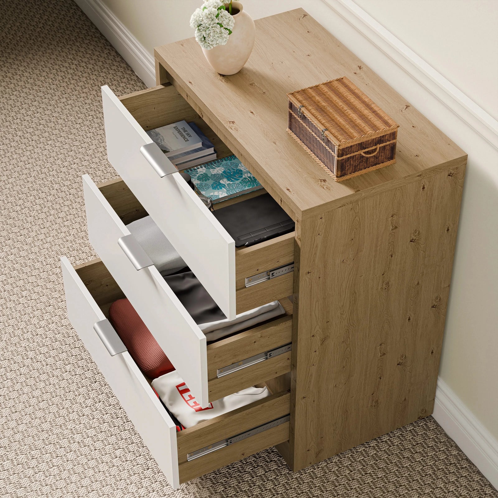 [Oak+White] Skova bedroom furniture set chest overhead view, all three white drawers open showing storage