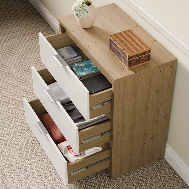 [Oak+White] Skova bedroom furniture set chest overhead view, all three white drawers open showing storage