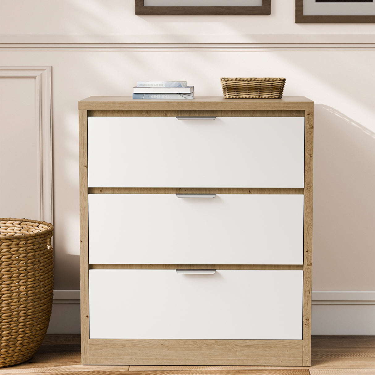 Skova 3 Piece Bedroom Furniture Set chest of drawers with three white drawers and oak-effect frame, ideal for modern UK bedrooms.