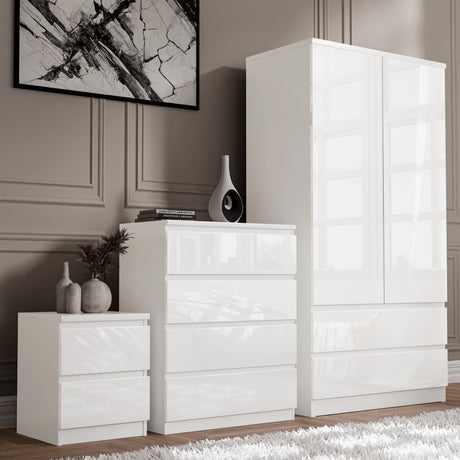 [White] 3 piece bedroom furniture set in  high gloss with 2 door wardrobe, 4 drawer chest and bedside table
