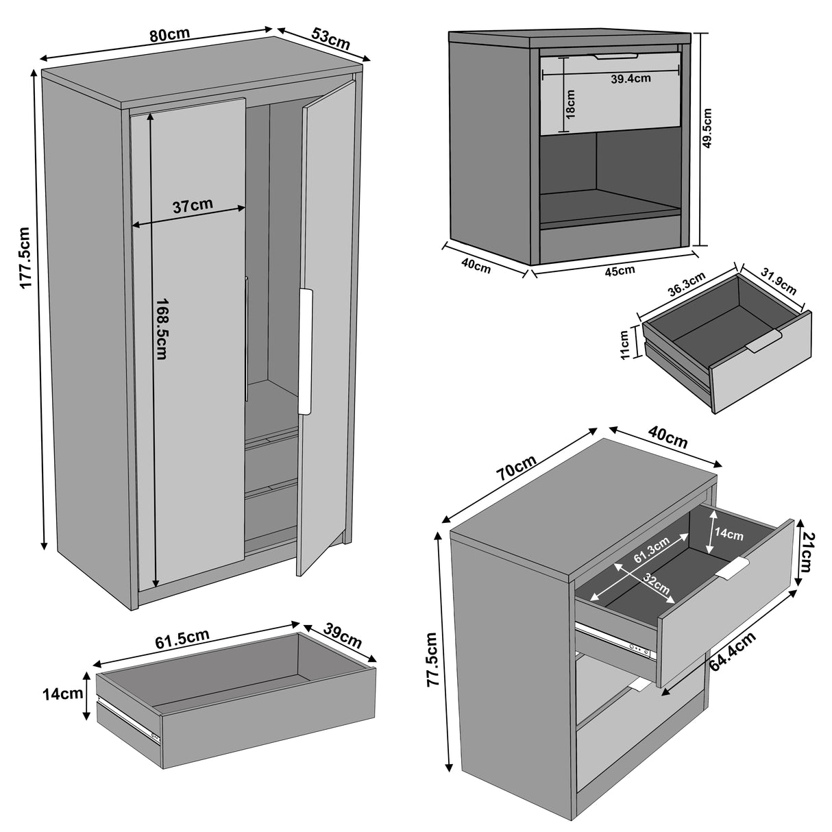 Skova 3 Piece Bedroom Furniture Set includes a 2-door wardrobe with drawers, chest of drawers, and bedside table in grey finish with detailed dimensions.