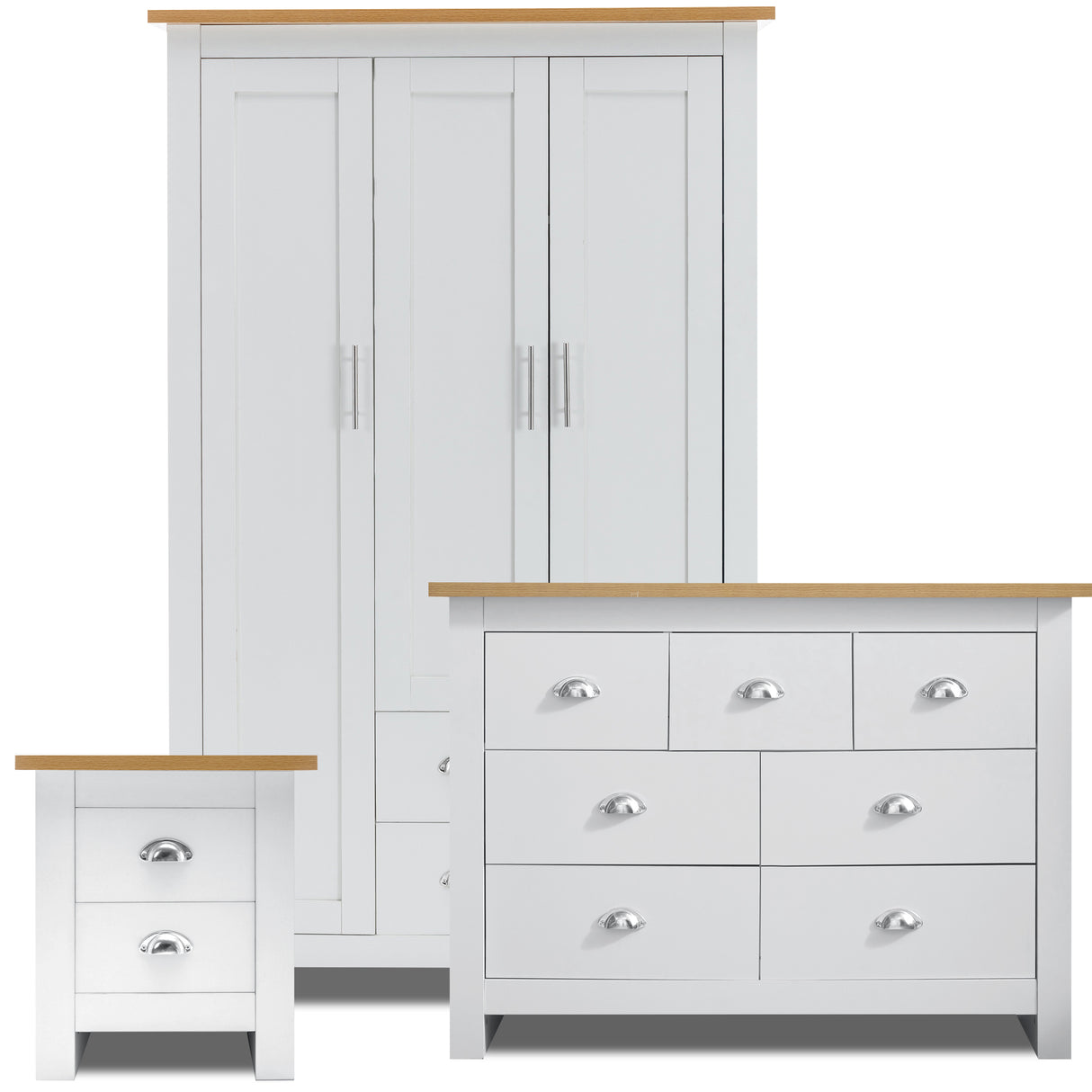 White 3-piece bedroom furniture set with wardrobe, chest of drawers, and bedside table, oak top.