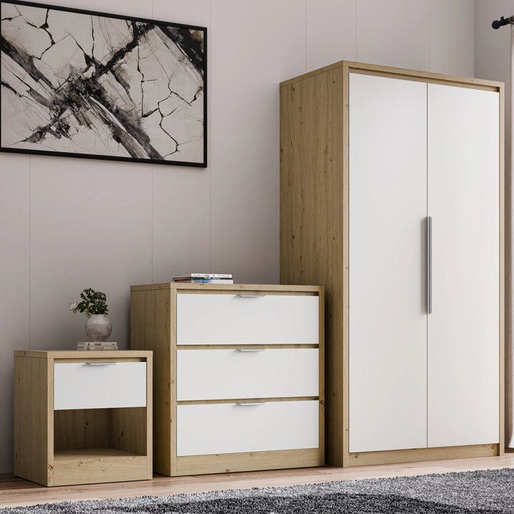 [Oak+White] Skova 3 Piece Bedroom Furniture Set with 2 door wardrobe, 3 drawer chest, and bedside table in oak and white finish