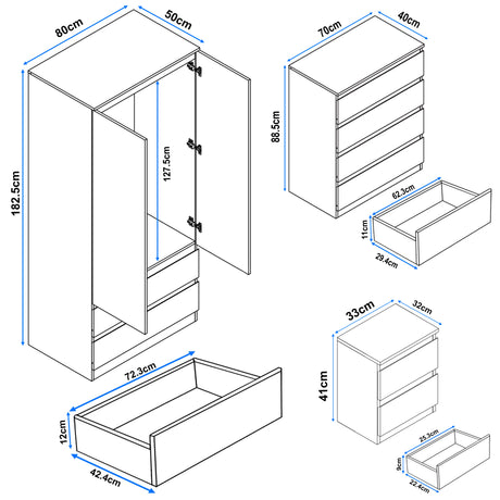 [White] 3 piece set dimensions: wardrobe 182.5x80x50cm, chest 88.5x70x40cm, bedside 41x33x32cm