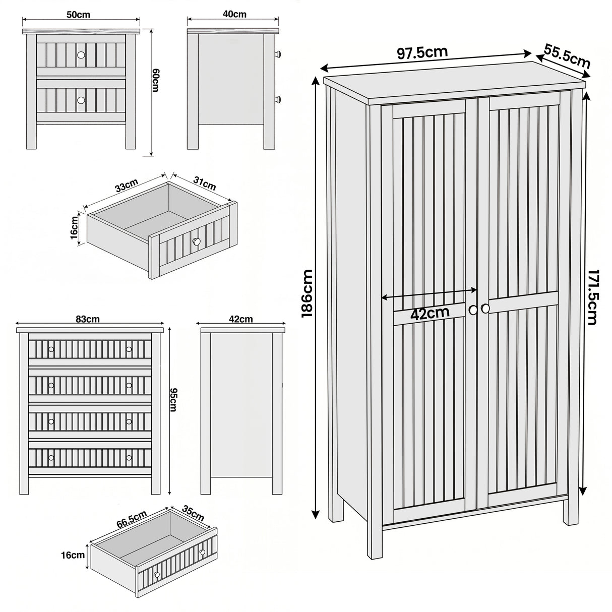 [White] Dimensional line drawing of a 3-piece bedroom set: wardrobe, 4-drawer dresser, nightstand