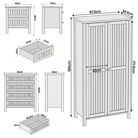 [White] Dimensional line drawing of a 3-piece bedroom set: wardrobe, 4-drawer dresser, nightstand