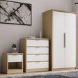 Skova 3 Piece Bedroom Set with 2-door wardrobe, 4-drawer chest, and 1-drawer bedside table in oak and white finish. Ideal for modern UK bedrooms.