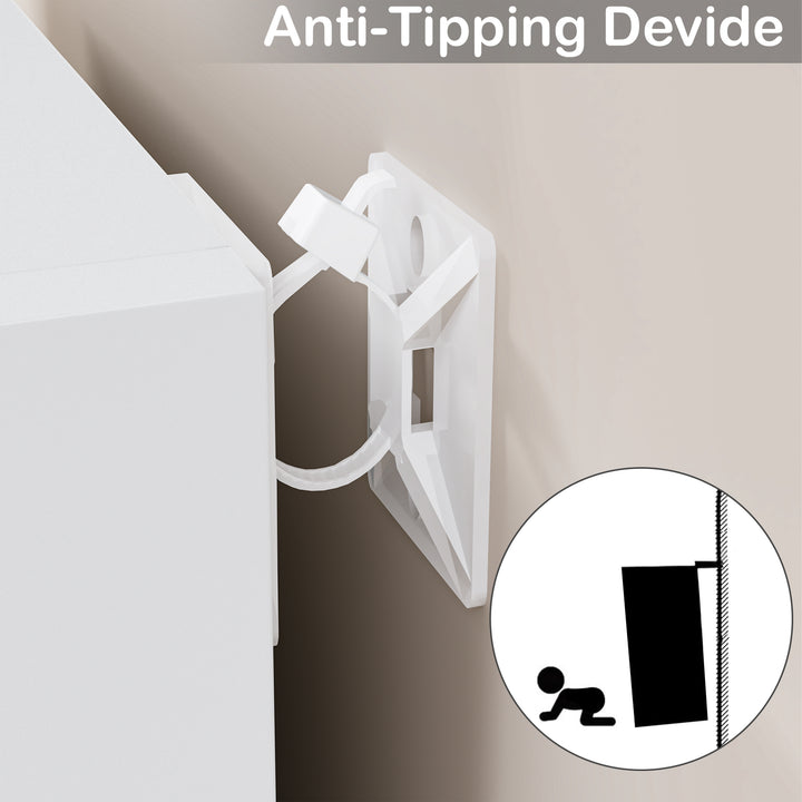[3 Shelf | White] anti-tip bracket on white-grain 80cm-tall mid bookcase top edge, near bright airy lounge