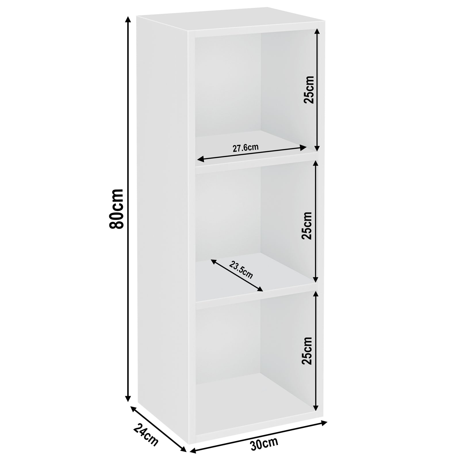 [3 Shelf | White] diagram of white-grain 3-shelf bookcase, 30W x 24D x 80H cm; for bright airy lounge