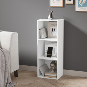 [3 Shelf | White] angled front view of white 3 tier bookcase with books and decor, perfect for stylish storage in small rooms