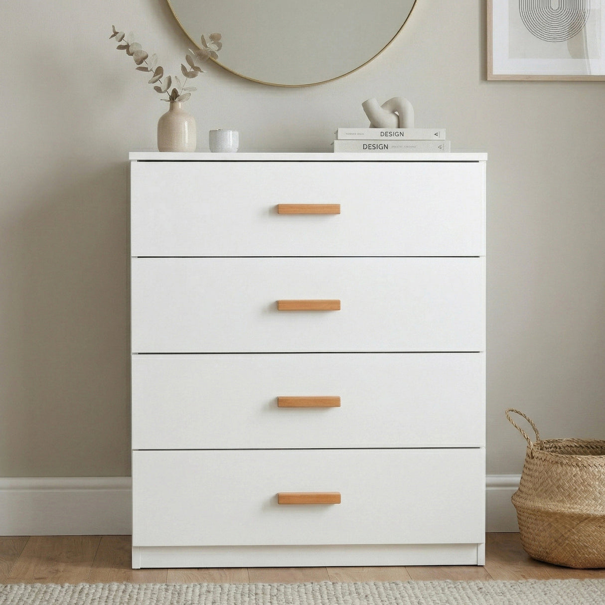 [White] Front facing view of white four drawer chest with flat drawer fronts and wooden bar handles