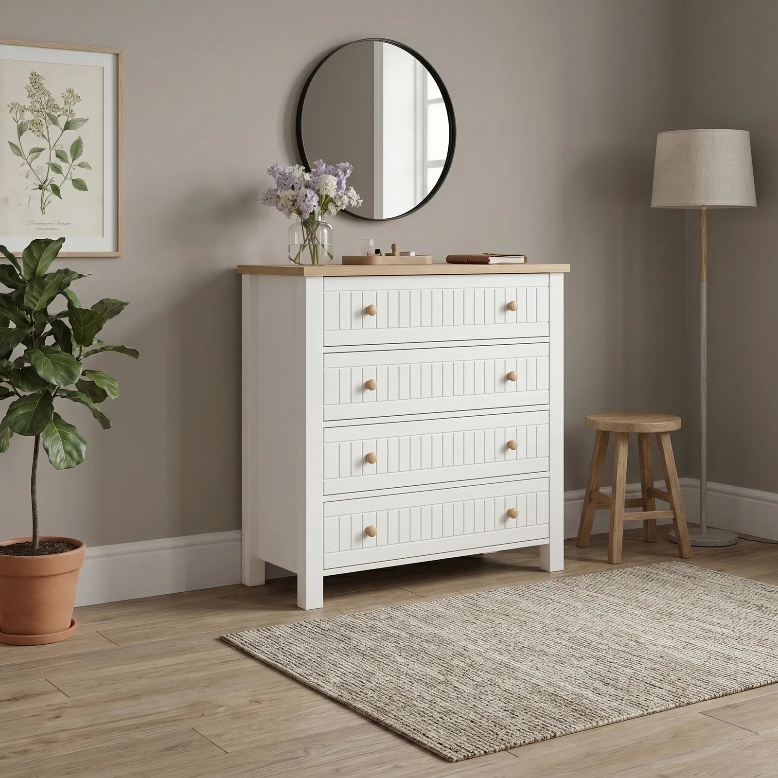 [White] Painted 4 Chest of Drawers with natural wood top in a modern bedroom setting, featuring four spacious drawers, round mirror, floor lamp, stool and decor