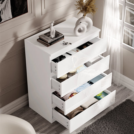 [White] high gloss 4 drawer chest with all drawers pulled open showing organised clothing inside