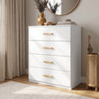[White] White 4-drawer chest of drawers with natural wooden handles styled with decor in a modern home entry area