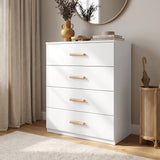 [White] White 4-drawer chest of drawers with natural wooden handles styled with decor in a modern home entry area