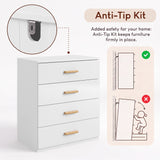 [White] White 4-drawer chest featuring an anti-tip wall mounting kit for home safety and tipping prevention
