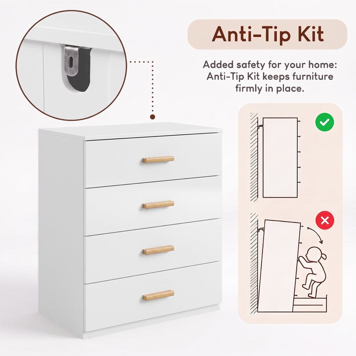 [White] White 4-drawer chest featuring an anti-tip wall mounting kit for home safety and tipping prevention