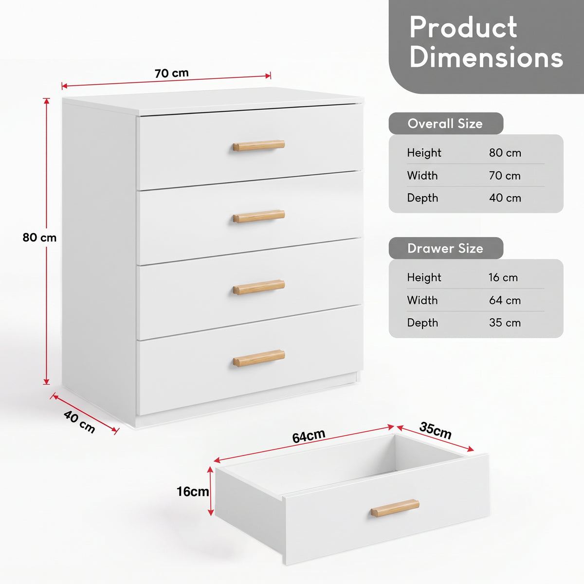 [White] Product dimensions diagram for a white 4-drawer chest showing overall height 80cm, width 70cm, and depth 40cm