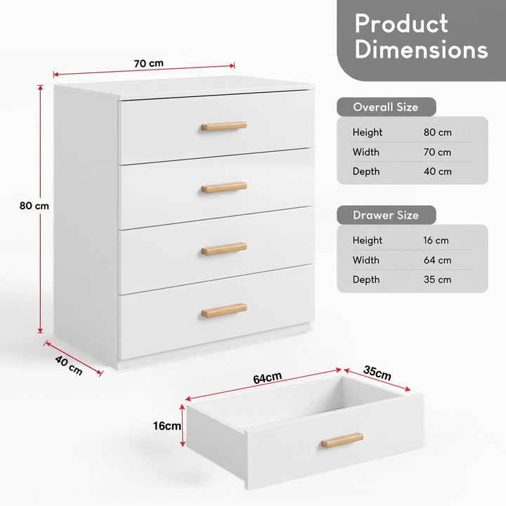 [White] Product dimensions diagram for a white 4-drawer chest showing overall height 80cm, width 70cm, and depth 40cm
