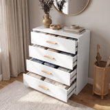 [White] White 4-drawer storage unit with all four drawers open displaying organized clothing in a modern home decor setup