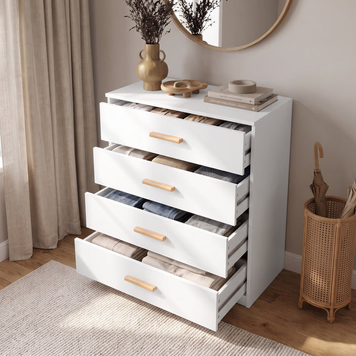 [White] White 4-drawer storage unit with all four drawers open displaying organized clothing in a modern home decor setup