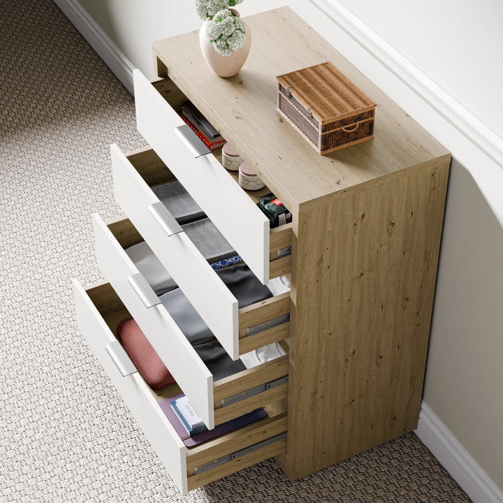 [Oak+White] Skova 4 Piece Bedroom Set chest of drawers in oak and white finish with five open drawers showing organized storage for clothes and accessories.