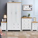 White 4-piece bedroom furniture set with wardrobe, 5-drawer chest, and 2 bedside tables.