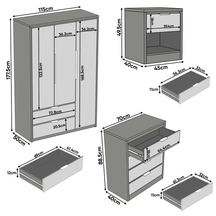 [Oak+White] Skova 4 Piece Bedroom Set with wardrobe, chest of drawers, and bedside tables in grey finish. Includes detailed dimensions