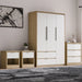 Skova 4 Piece Bedroom Furniture Set with 3-door wardrobe, chest of drawers, and 2 bedside tables in oak and white finish. Ideal for modern UK bedrooms.