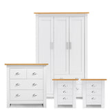 White 4-piece bedroom set featuring a wardrobe with drawers & oak tops and silver handles.