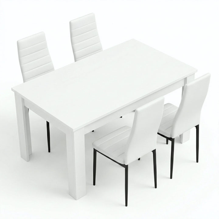 [4 Seater | White] White 4-6 Seater Dining Table and Chairs Set clean studio cutout image showcasing the rectangular wooden table and four matching slim metal leg chairs