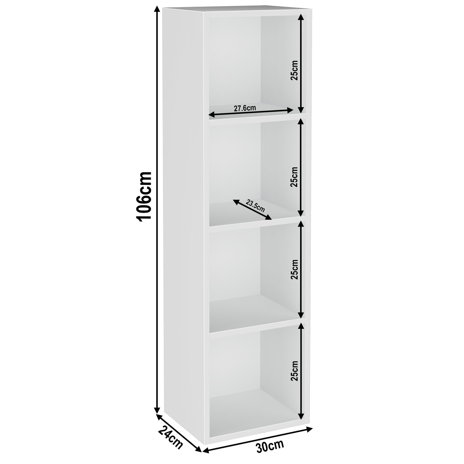 [4 Shelf | White] diagram of white-grain 4-shelf bookcase, 30W x 24D x 106H cm; for bright airy lounge