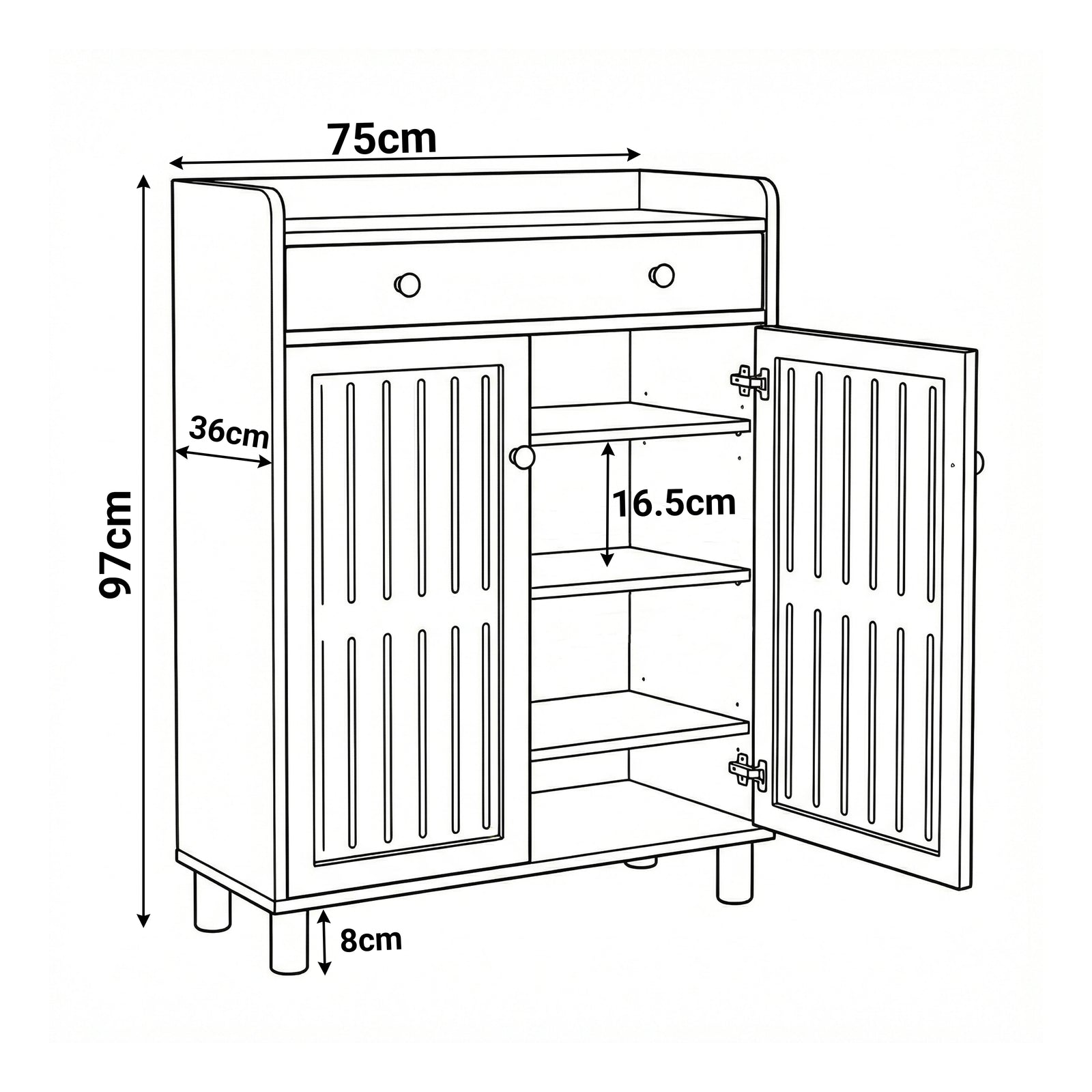 [White] 4-Tier Shoe Storage Cabinet with Adjustable Shelves Hallway dimensions diagram showing 75cm width, 97cm height, 36cm depth and 16.5cm shelf spacing