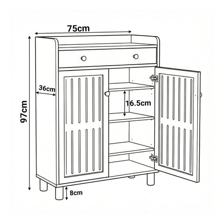[White] 4-Tier Shoe Storage Cabinet with Adjustable Shelves Hallway dimensions diagram showing 75cm width, 97cm height, 36cm depth and 16.5cm shelf spacing