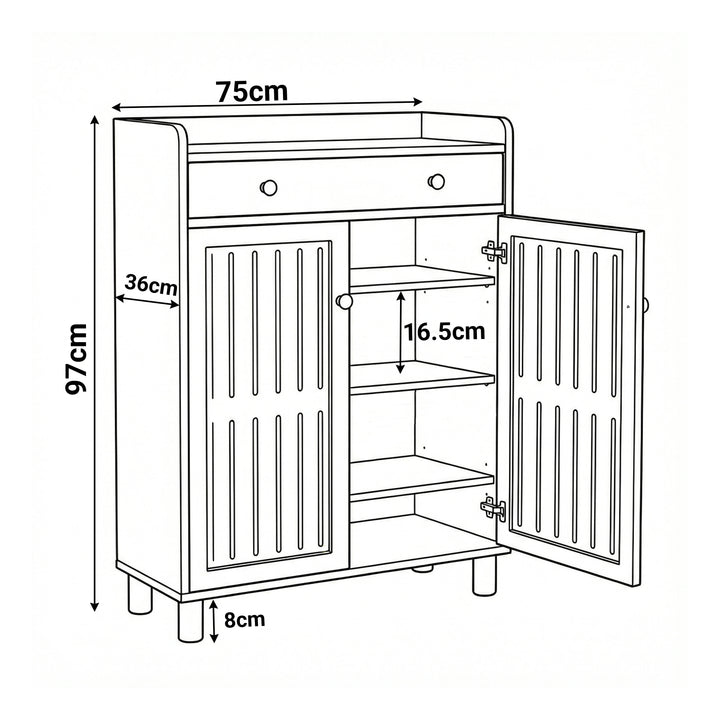 [White] 4-Tier Shoe Storage Cabinet with Adjustable Shelves Hallway dimensions diagram showing 75cm width, 97cm height, 36cm depth and 16.5cm shelf spacing