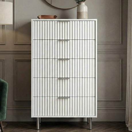 White five drawer bedroom chest front view with vertical flutrina detailing and silver metal handles