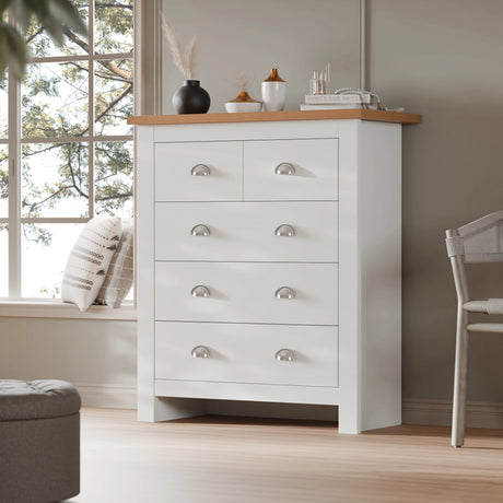 [White] shaker 5 drawer chest in bright room with window showing oak top and cup handles